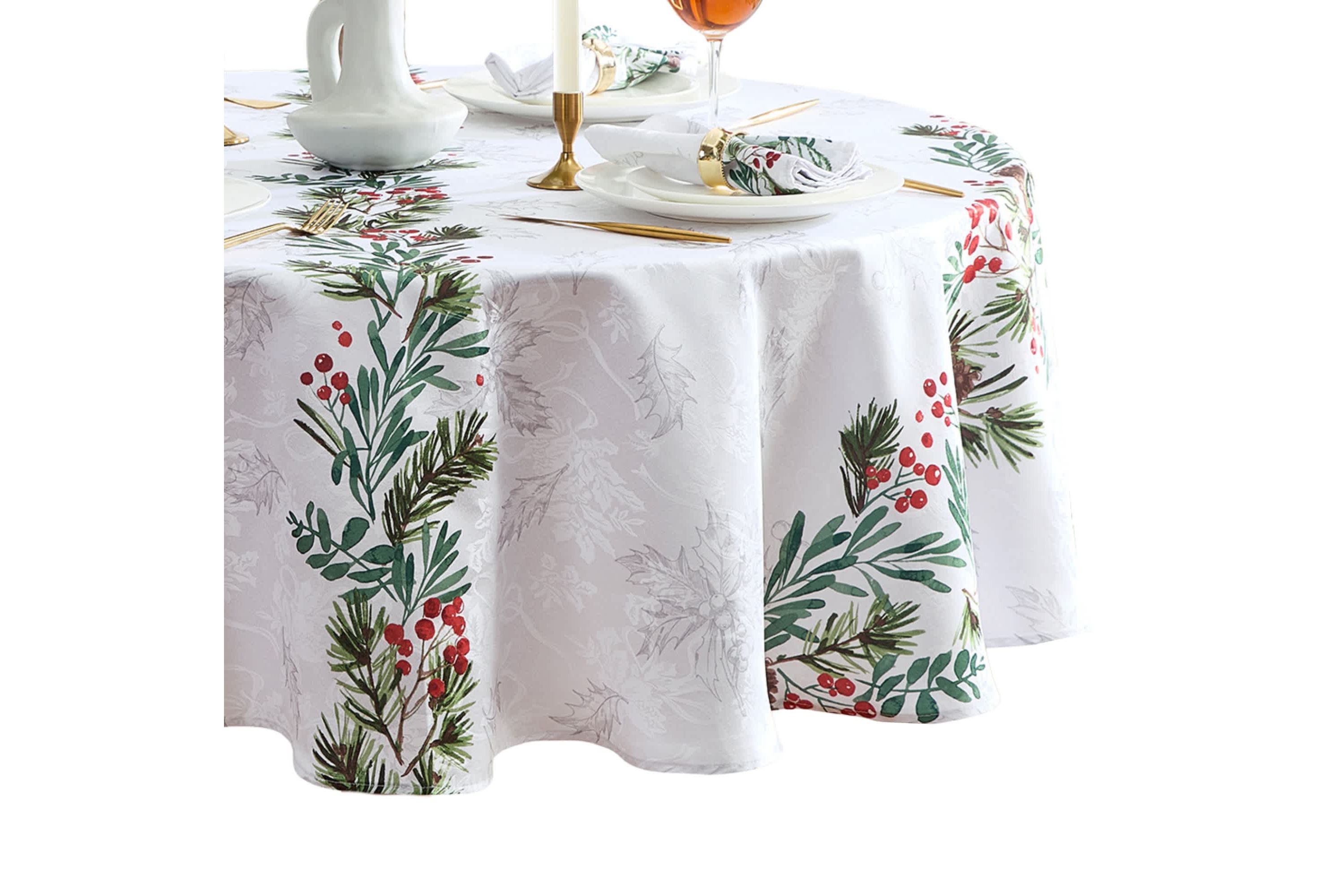 Holly Berry Flourish Holiday Round Fabric Tablecloth