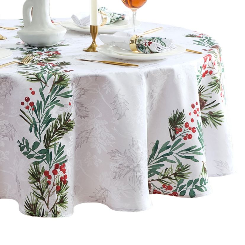 Holly Berry Flourish Holiday Round Fabric Tablecloth