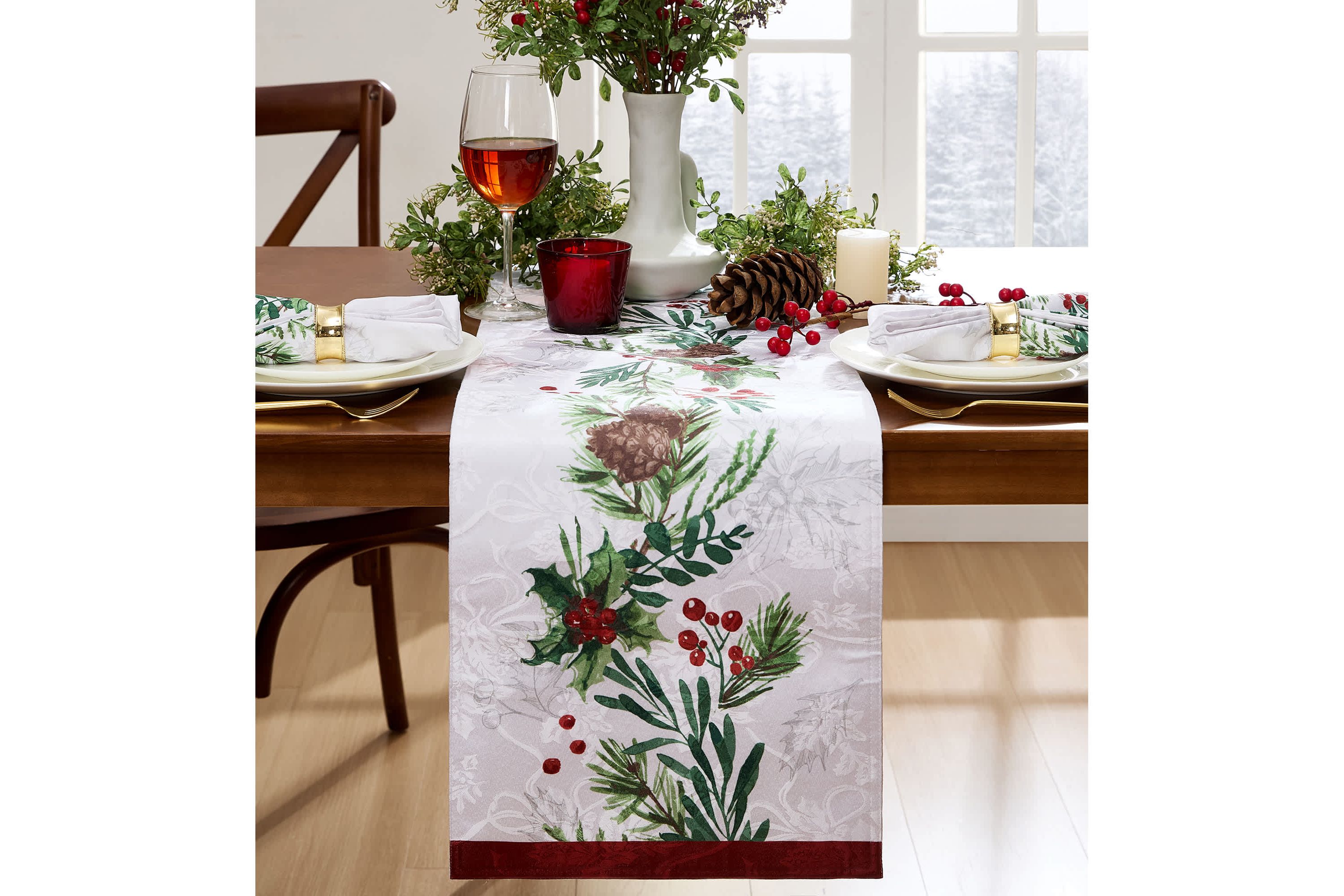 Holly Berry Flourish Holiday Fabric Table Runner - 14x70