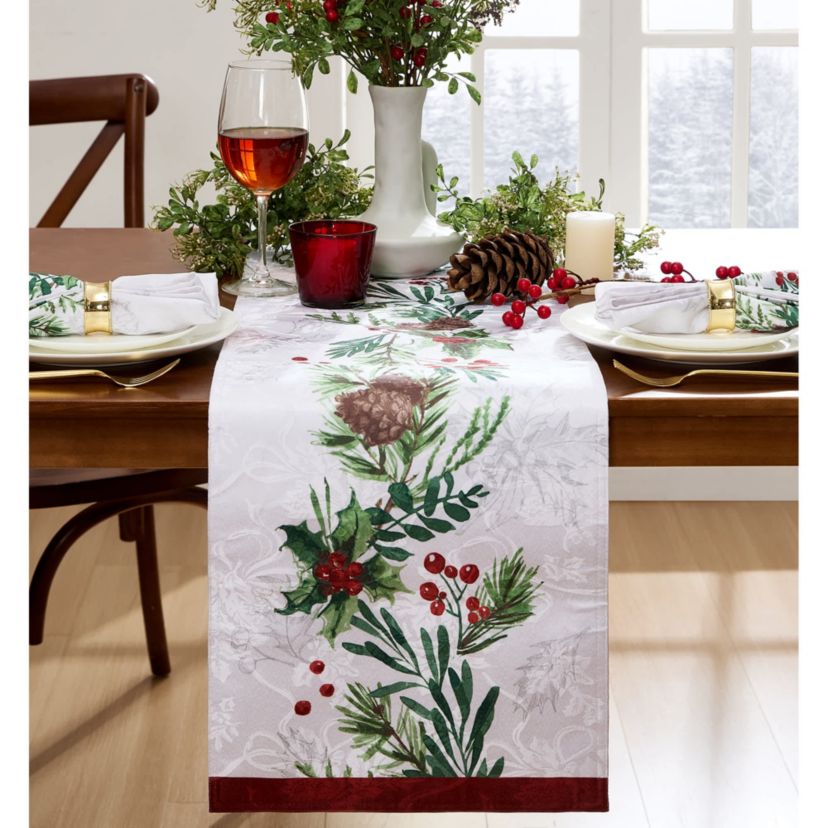Holly Berry Flourish Holiday Fabric Table Runner - 14x70