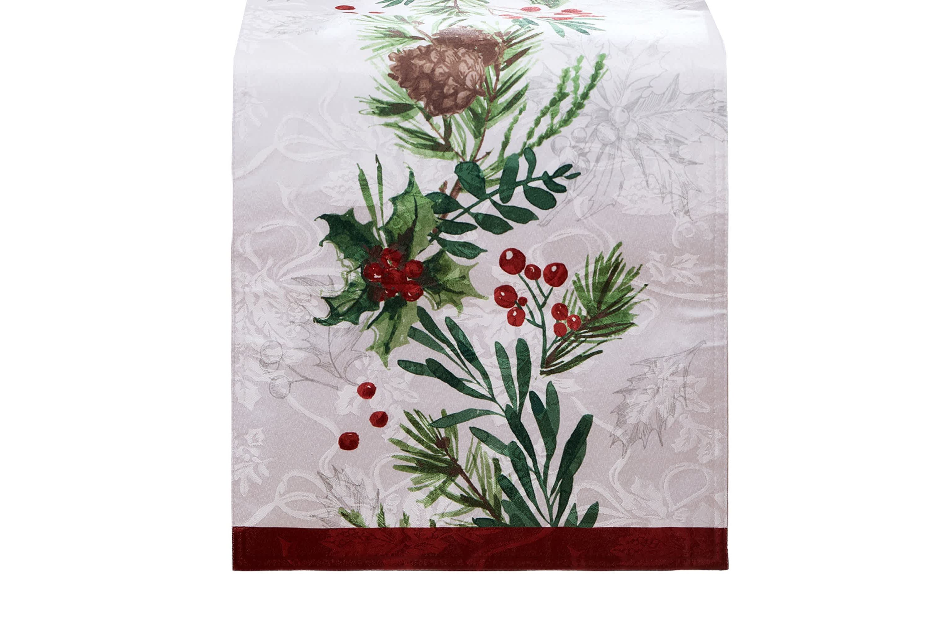 Holly Berry Flourish Holiday Fabric Table Runner - 14x70