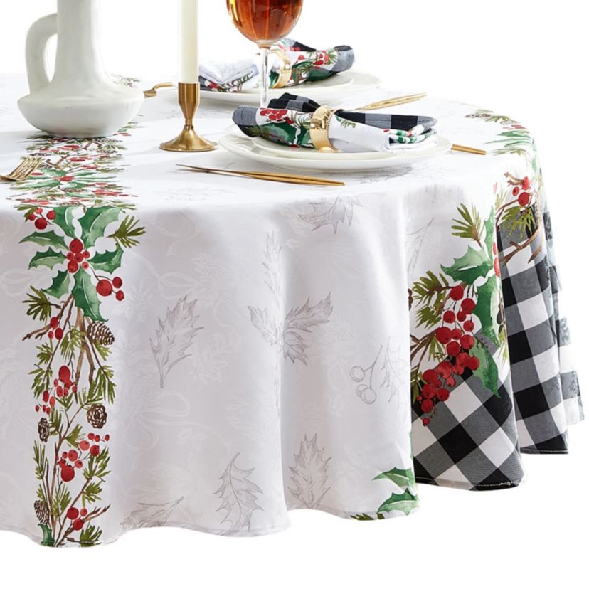 Holly Farmhouse Charm Holiday Round Fabric Tablecloth