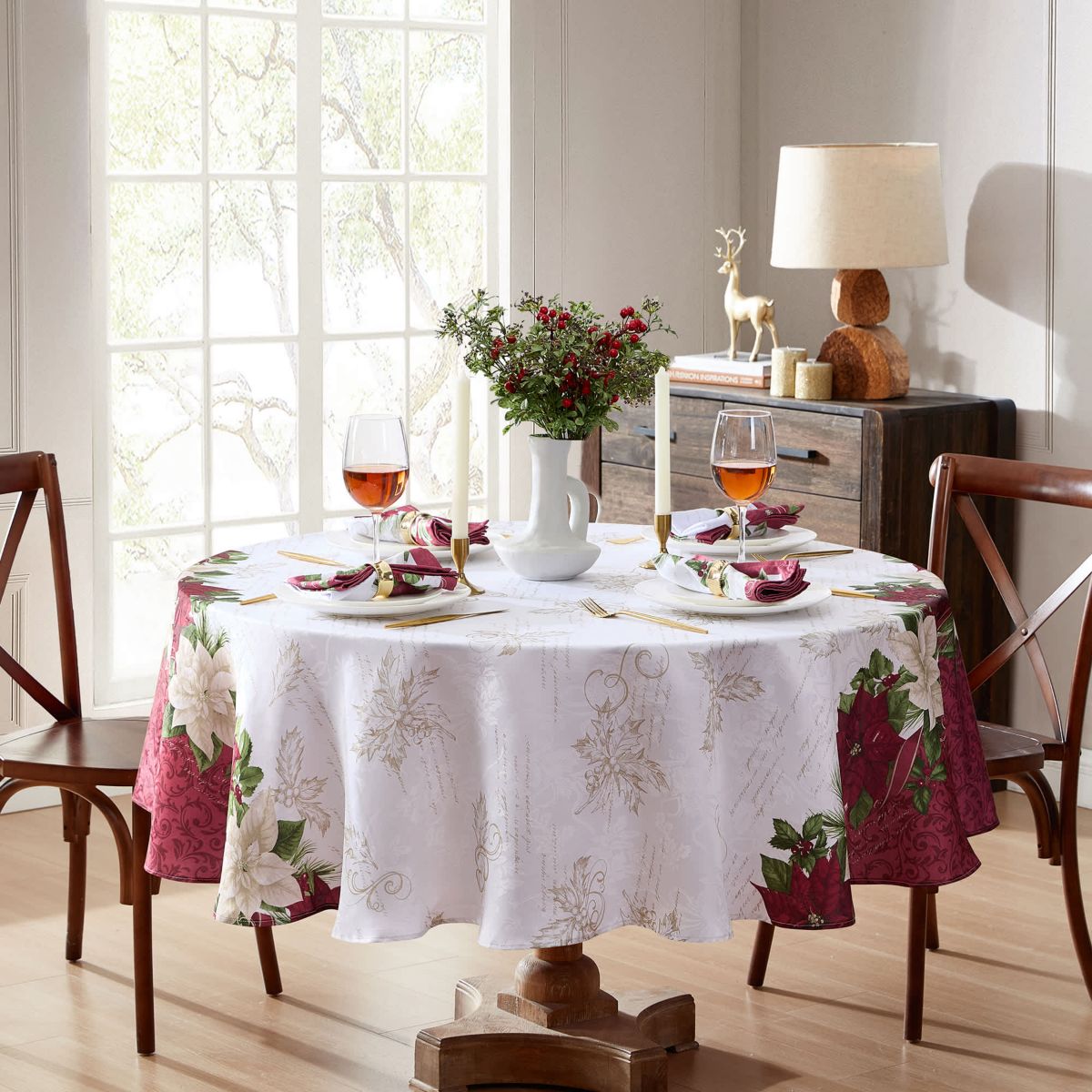 Clarette Poinsettia Holiday Round Fabric Tablecloth
