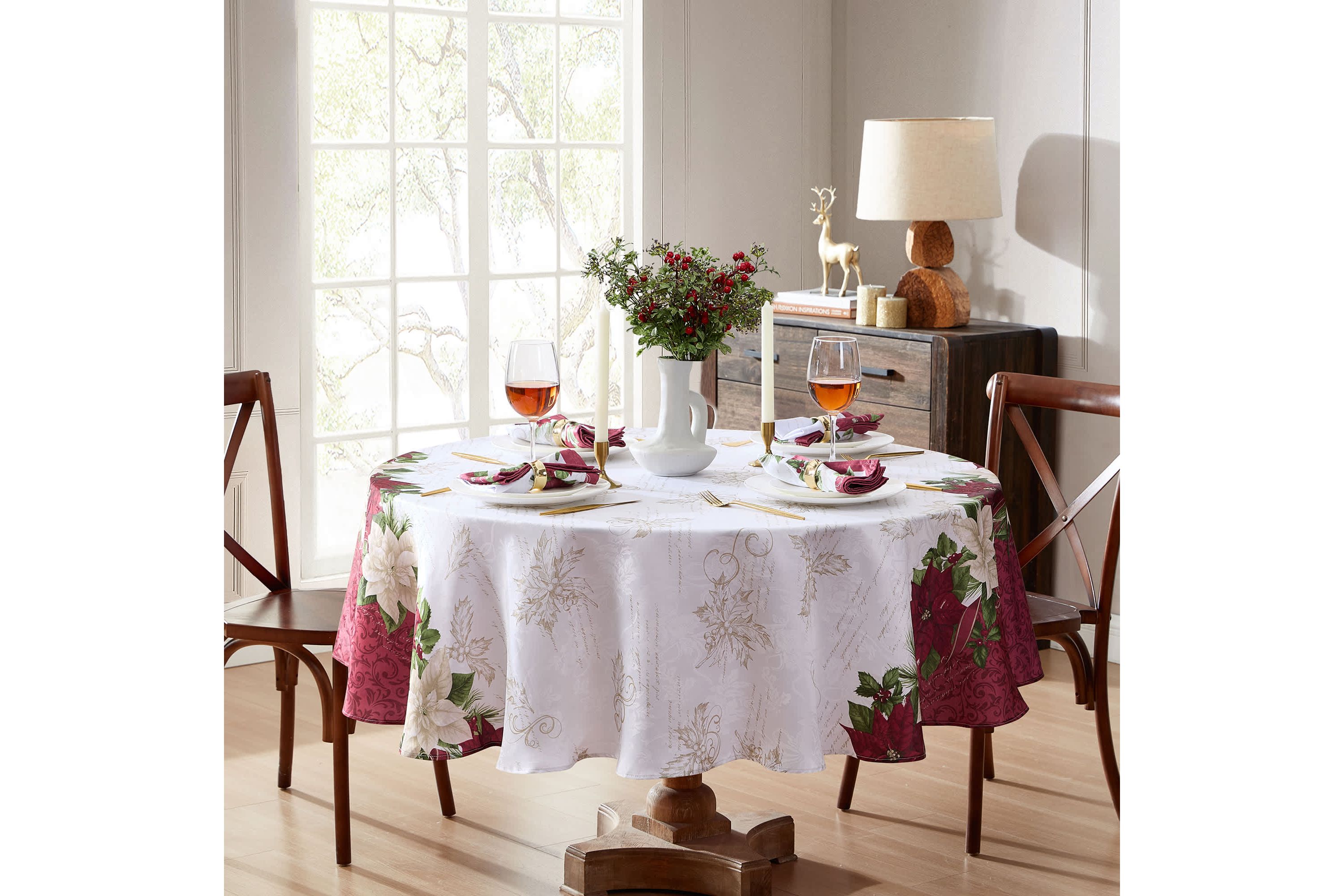 Clarette Poinsettia Holiday Round Fabric Tablecloth