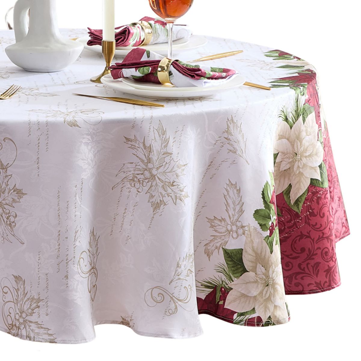 Clarette Poinsettia Holiday Round Fabric Tablecloth