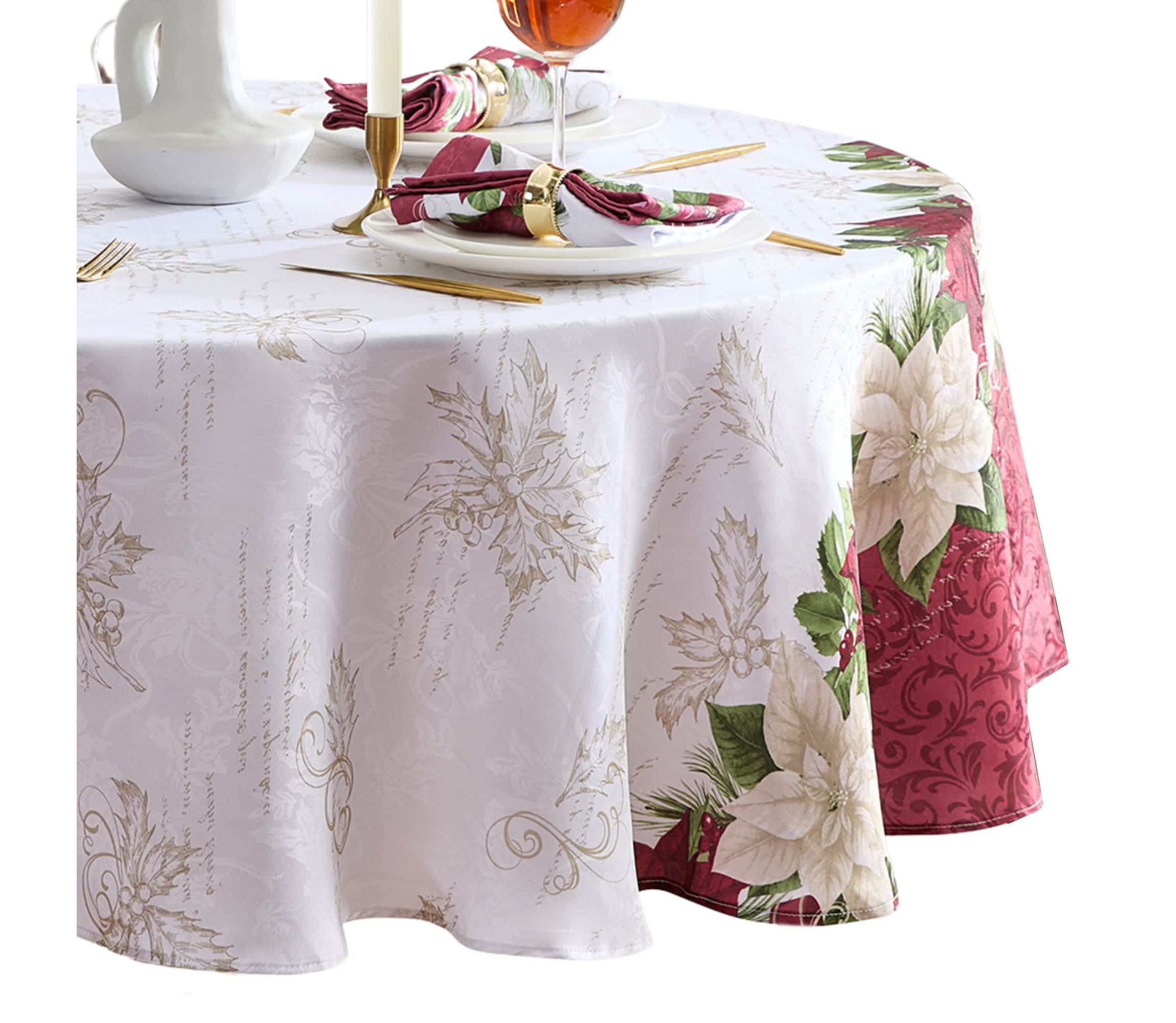Clarette Poinsettia Holiday Round Fabric Tablecloth