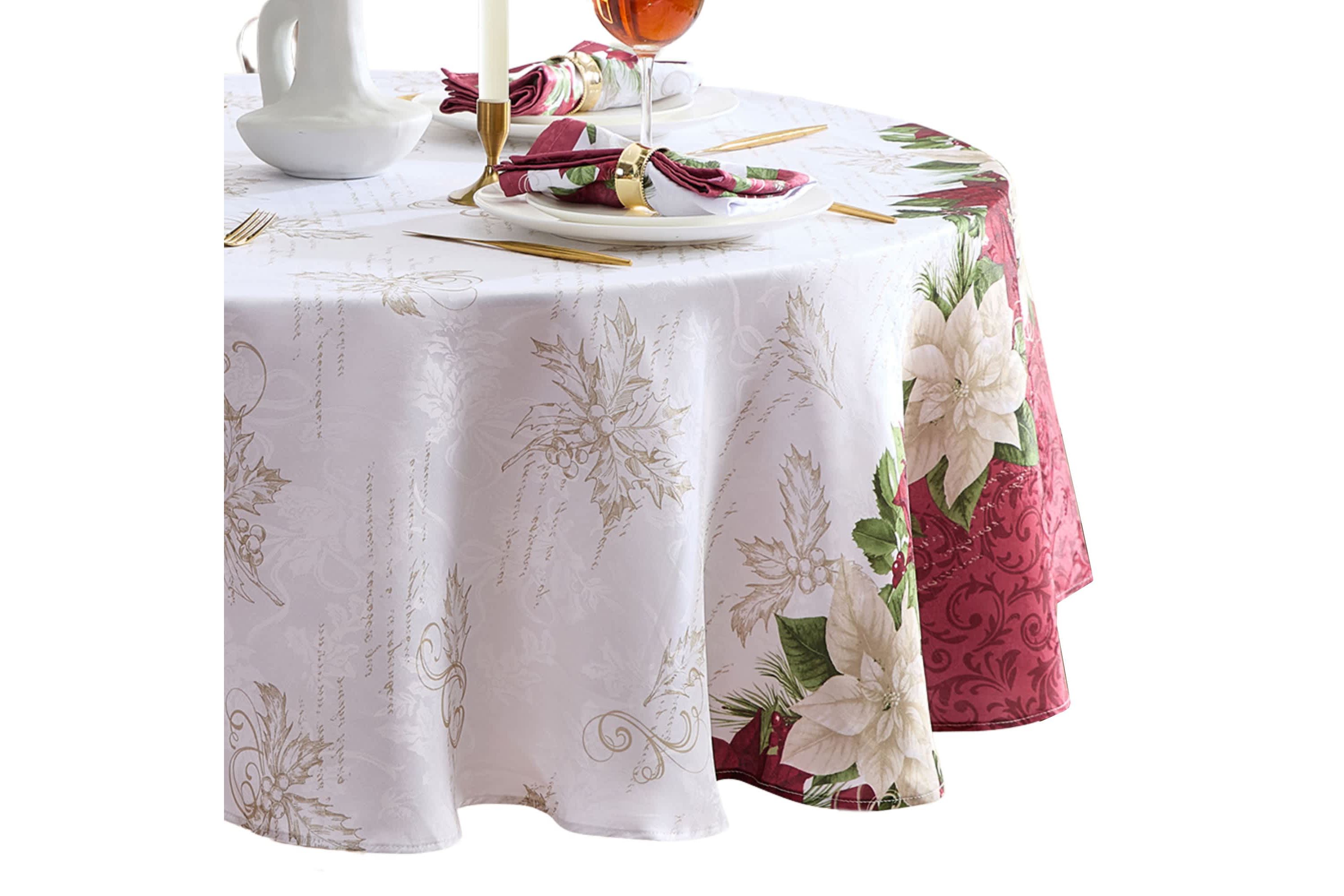 Clarette Poinsettia Holiday Round Fabric Tablecloth