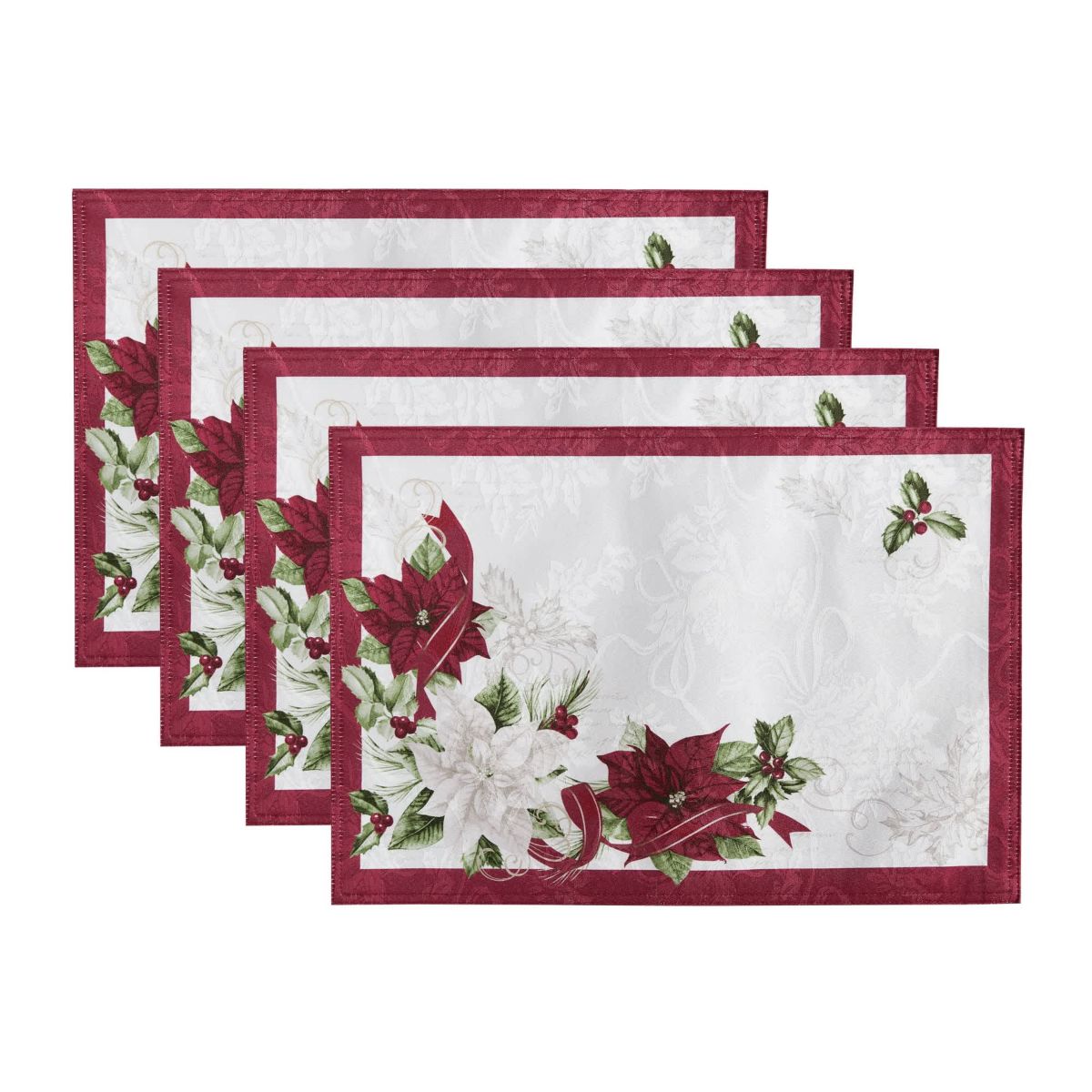 Clarette Poinsettia Holiday Fabric Placemats, Set of 4 - 13x19