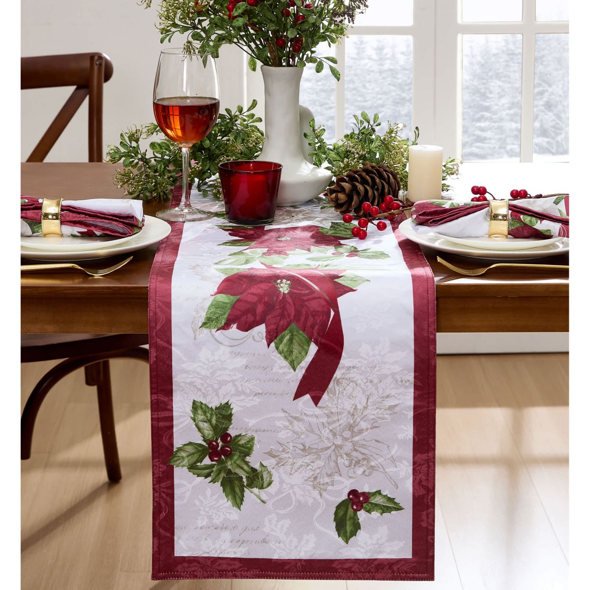 Clarette Poinsettia Holiday Fabric Table Runner - 14x70