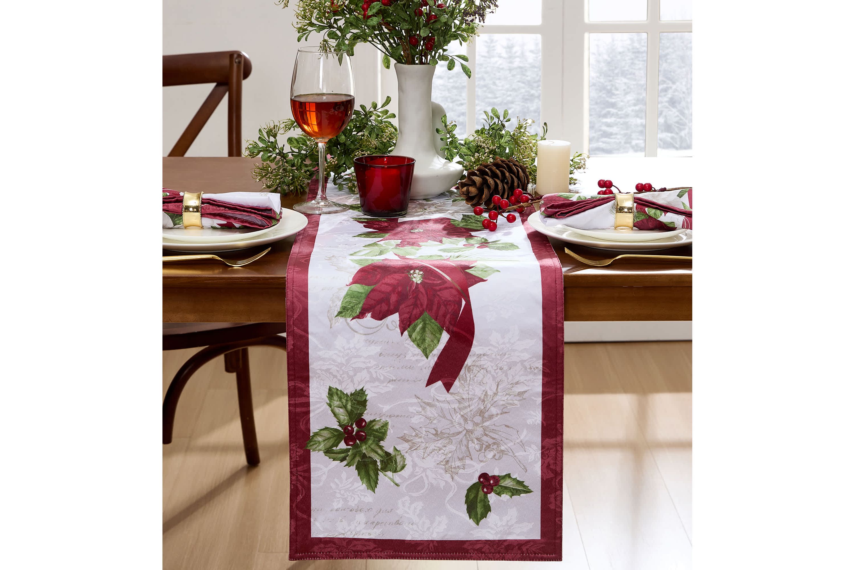 Clarette Poinsettia Holiday Fabric Table Runner - 14x70