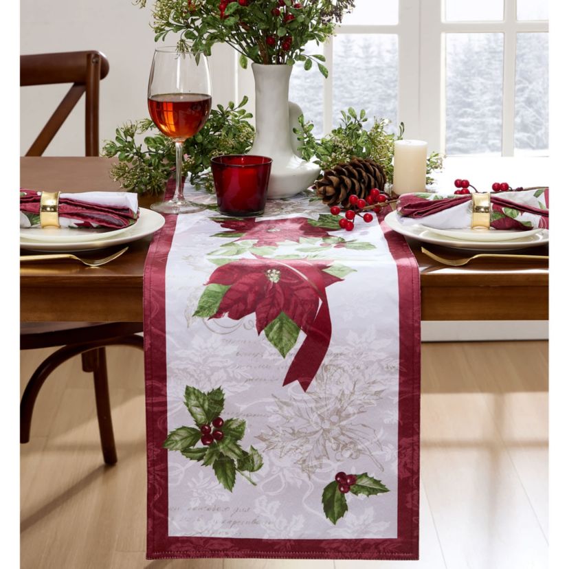 Clarette Poinsettia Holiday Fabric Table Runner - 14x70