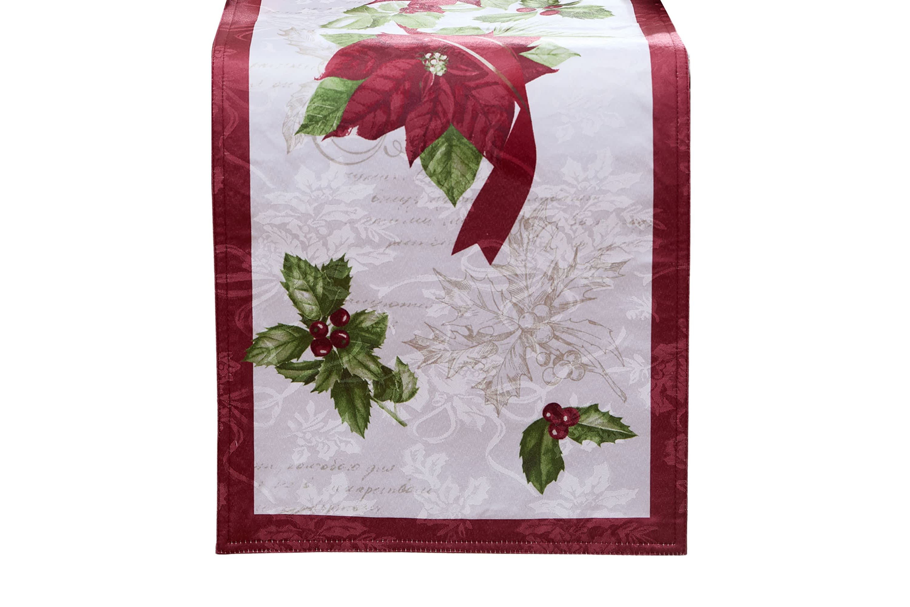 Clarette Poinsettia Holiday Fabric Table Runner - 14x70