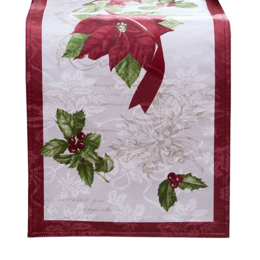 Clarette Poinsettia Holiday Fabric Table Runner - 14x70