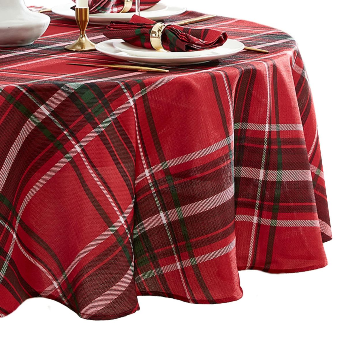 Pocono Plaid Holiday Round Fabric Tablecloth