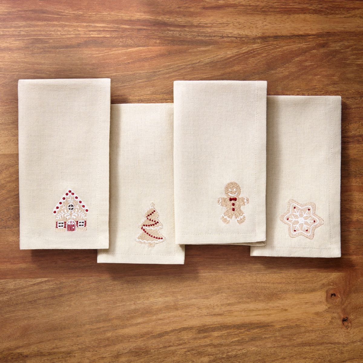 Gingerbread Bliss Embroidered Cotton Napkins, Set of 4