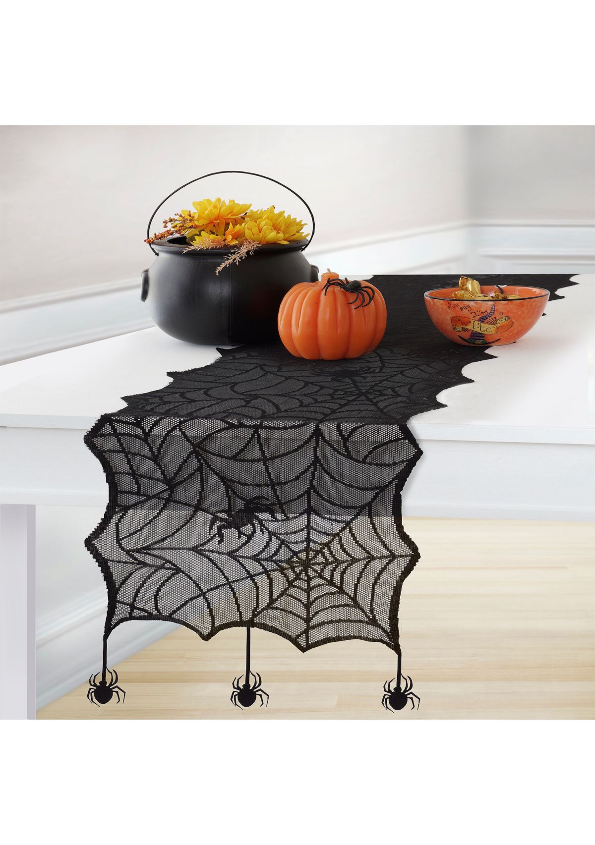Crawling Halloween Spider Lace Table Runner and Mantle Scarf - 13" x 70"