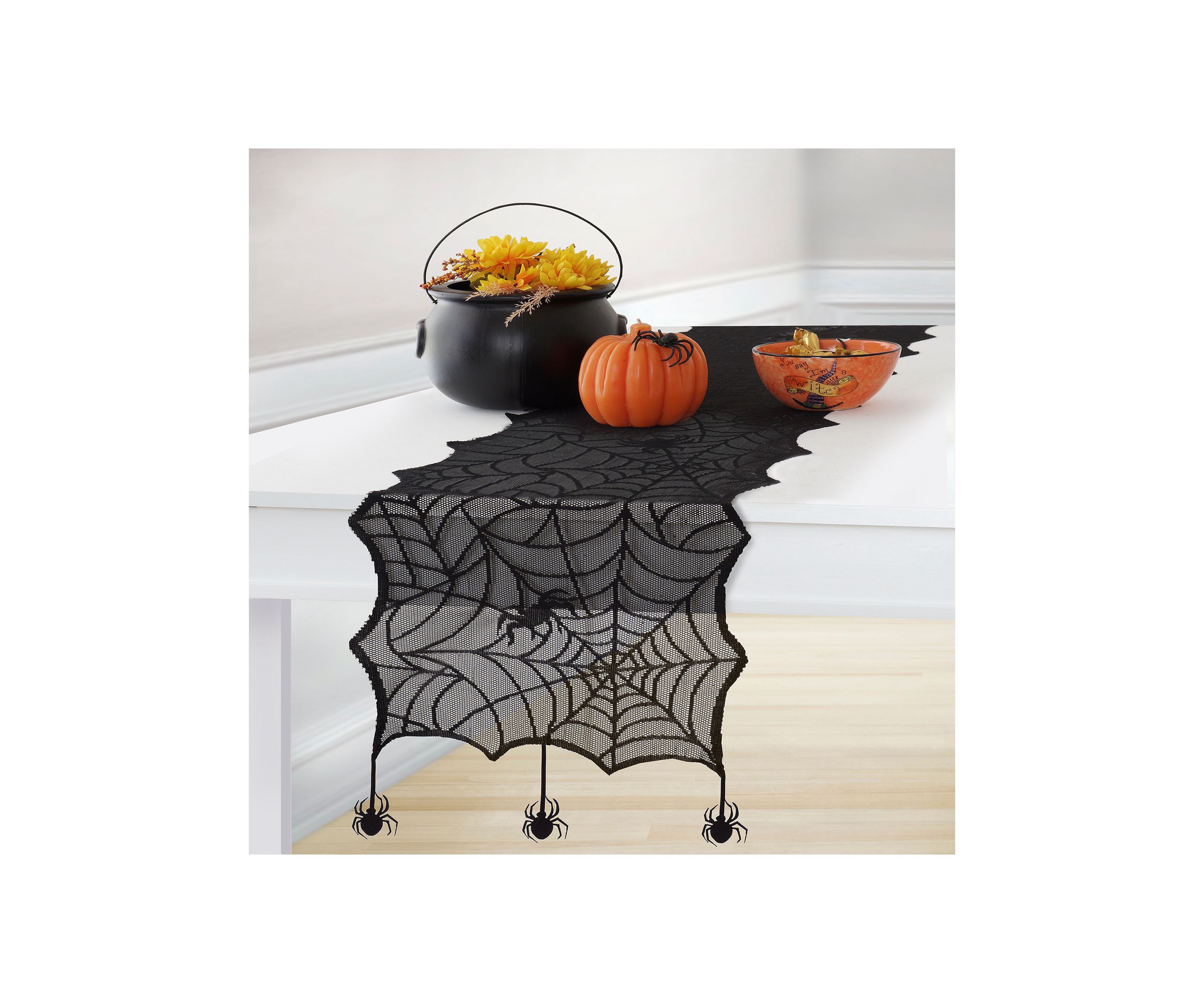 Crawling Halloween Spider Lace Table Runner and Mantle Scarf - 13" x 70"