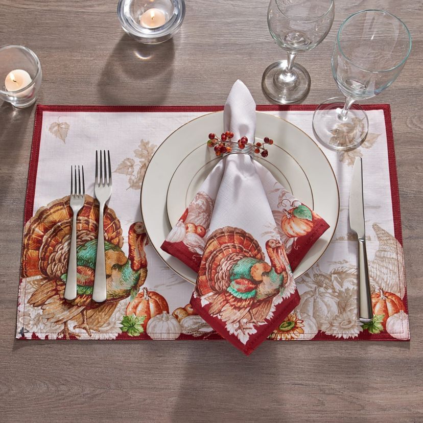 Holiday Turkey Bordered Fall Placemat, Set of 4 - 13" x 19"