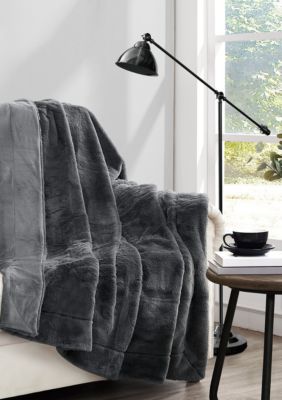 Vince Camuto Soft Faux Rabbit Fur Black 60x70 Throw in Gift Box, Grey