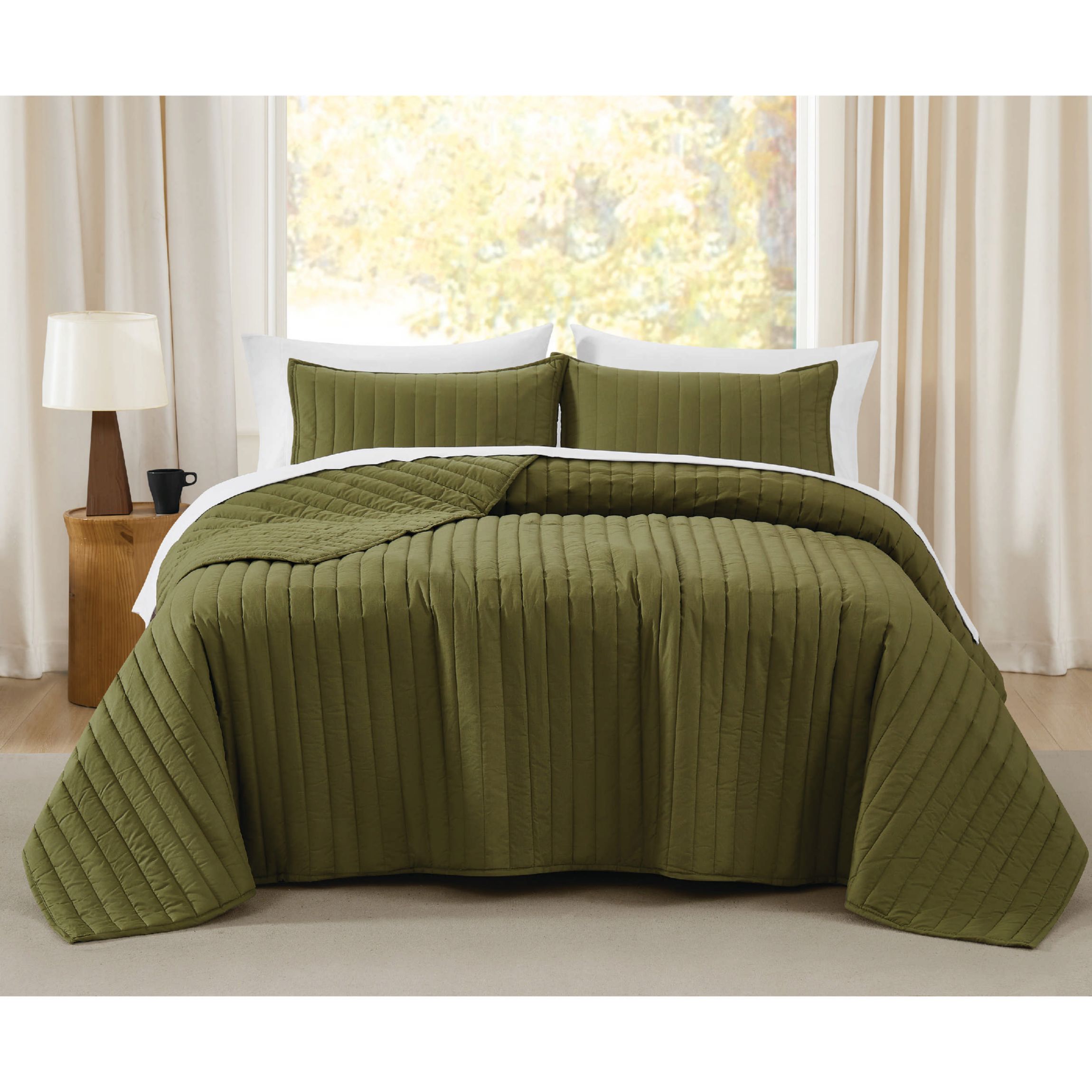 Brooklyn Loom Oversized Cotton Percale Olive Green King 3 Piece Quilt Set