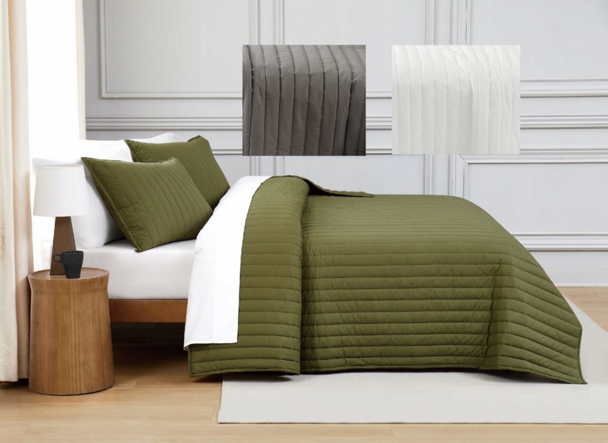 Brooklyn Loom Oversized Cotton Percale Olive Green King 3 Piece Quilt Set
