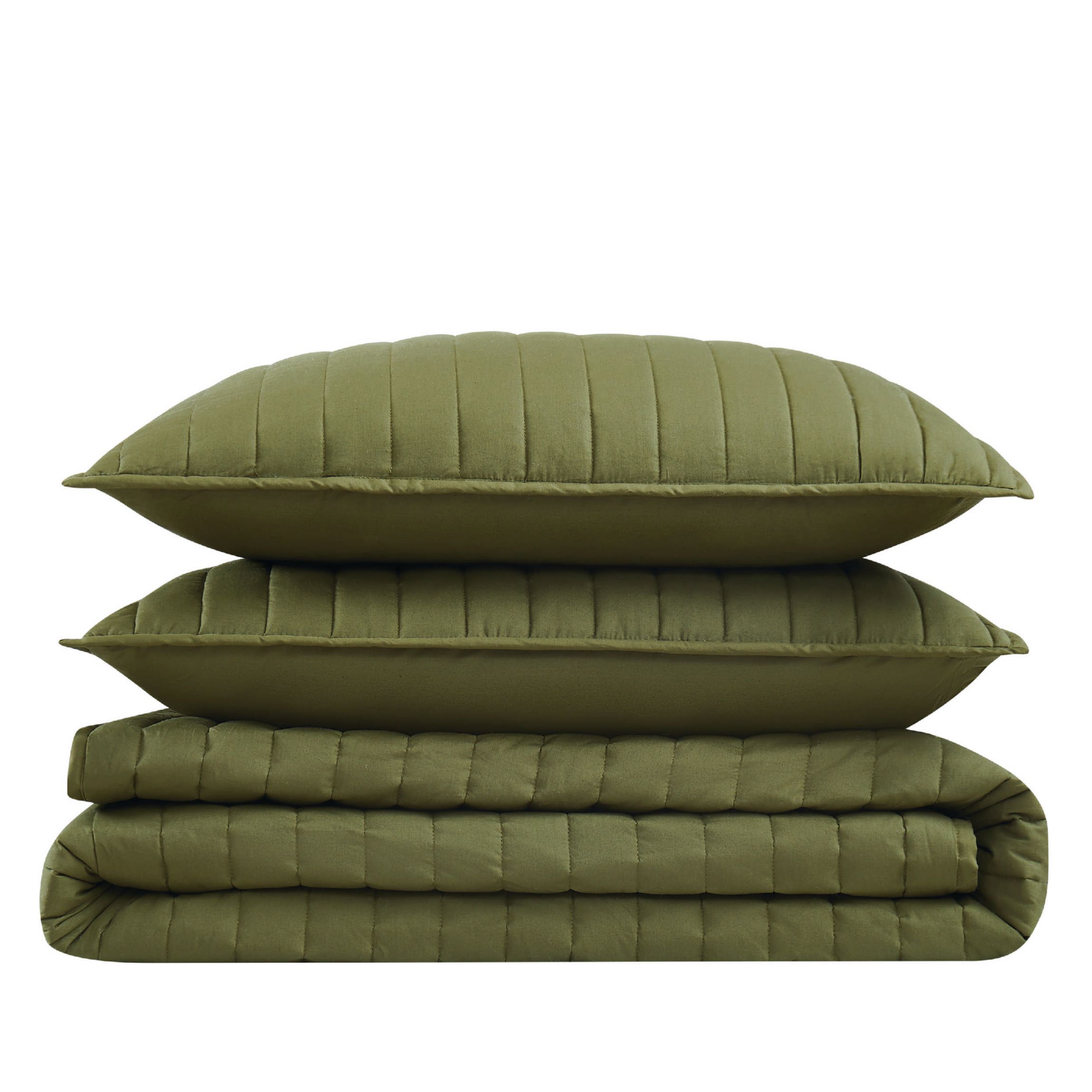 Brooklyn Loom Oversized Cotton Percale Olive Green King 3 Piece Quilt Set