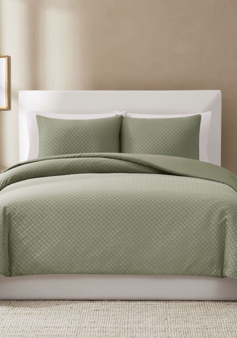 Brooklyn Loom Woven Texture Green Full/Queen 3 Piece Duvet Set