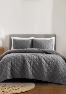 Brooklyn Loom Diamond Washed Cotton Green Full/Queen 3 Piece Quilt Set, Grey