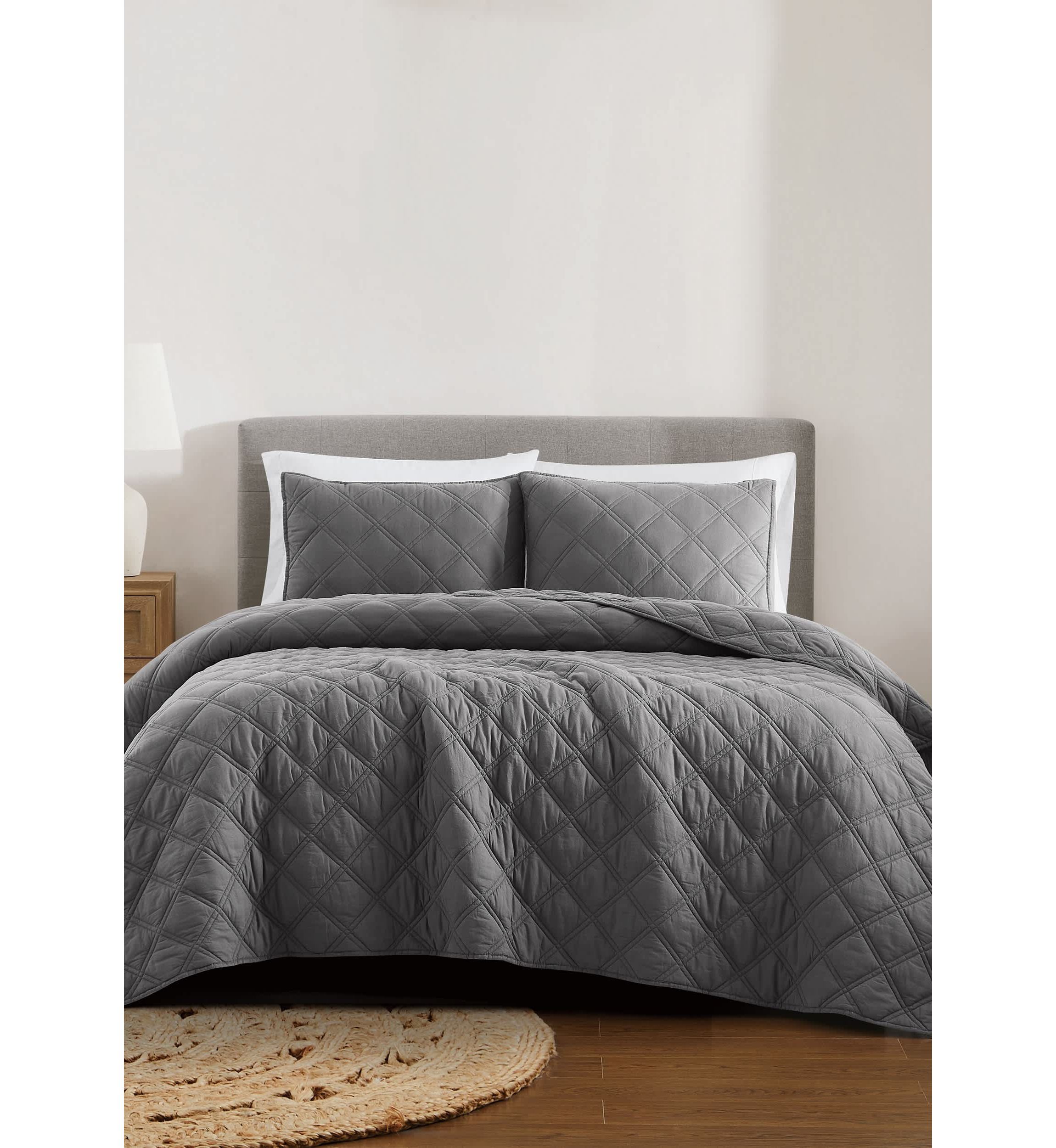 Brooklyn Loom Diamond Washed Cotton Green Full/Queen 3 Piece Quilt Set