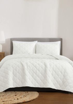 Brooklyn Loom Diamond Washed Cotton Green Full/Queen 3 Piece Quilt Set, White, King
