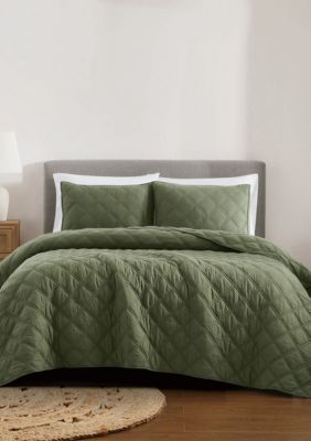 Brooklyn Loom Diamond Washed Cotton Green Full/Queen 3 Piece Quilt Set, Twin XL