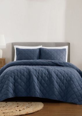 Brooklyn Loom Diamond Washed Cotton Green Full/Queen 3 Piece Quilt Set, Blue