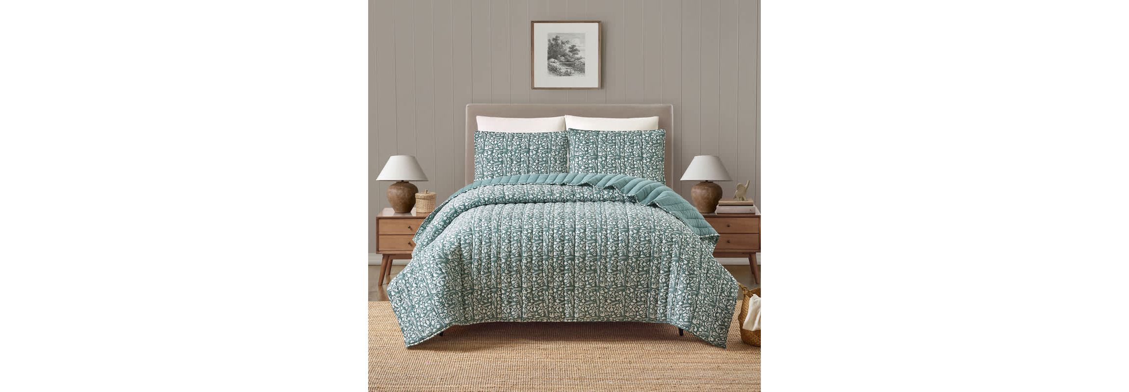 Floral Vine Silhouette Block Print 3-Piece Quilt Set