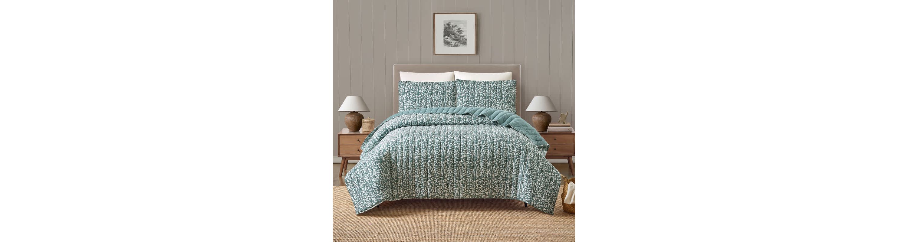 Floral Vine Silhouette Block Print 3-Piece Quilt Set