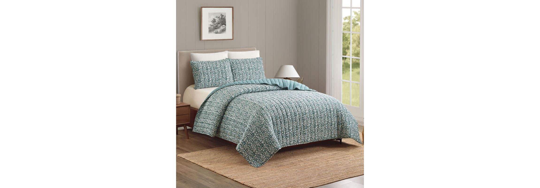 Floral Vine Silhouette Block Print 3-Piece Quilt Set