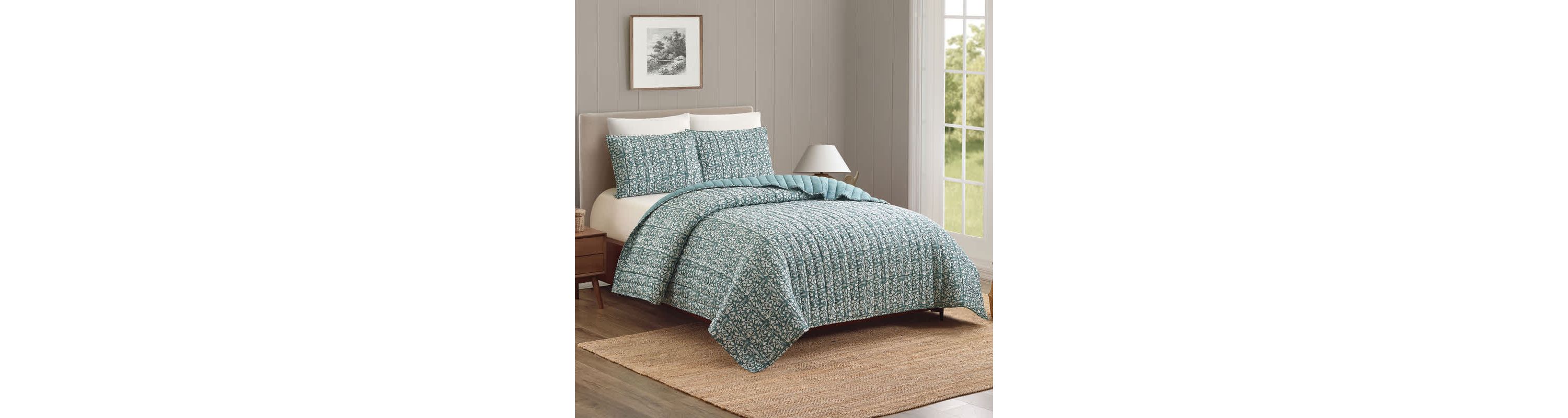Floral Vine Silhouette Block Print 3-Piece Quilt Set