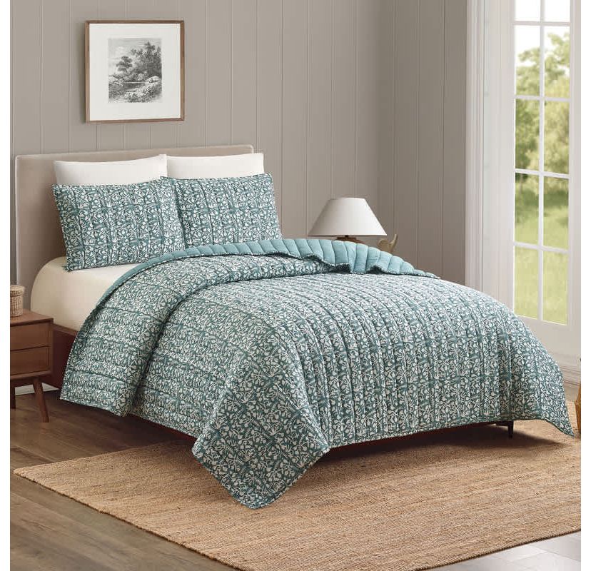 Floral Vine Silhouette Block Print 3-Piece Quilt Set