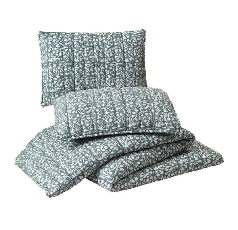Floral Vine Silhouette Block Print 3-Piece Quilt Set
