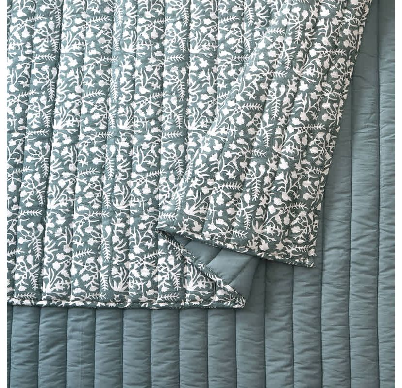 Floral Vine Silhouette Block Print 3-Piece Quilt Set