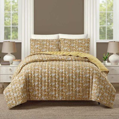 Jessica Simpson Sketched Floral Block Print 3-Piece Quilt Set, Gold, King
