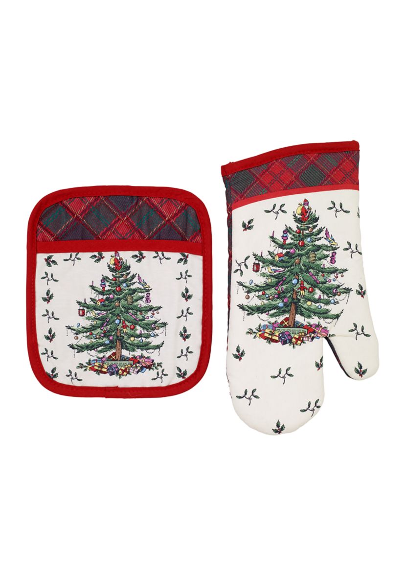Christmas Tree Tartan Pot Holder & Oven Mitt Set