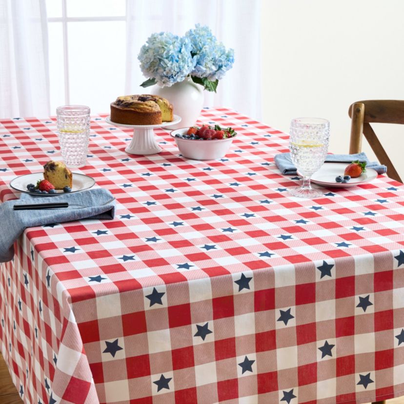 Americana Star Gingham Plaid Red/White/Blue Tablecloth