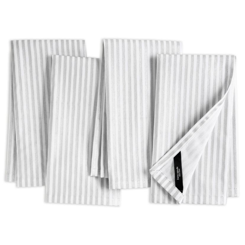 Hand Painted Shirting Stripe Metallic Print, Silver/White Napkin Set