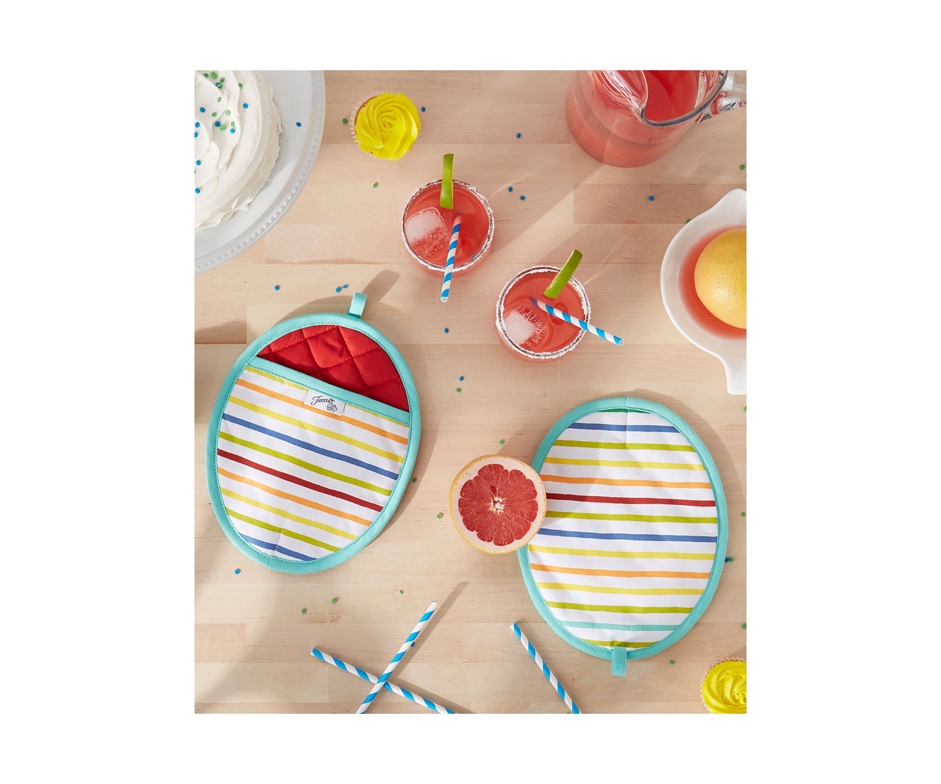 Tropical Stripe Pot Holder 2-Pack Set, Aqua/Yellow/Red, 8"x10" Oval