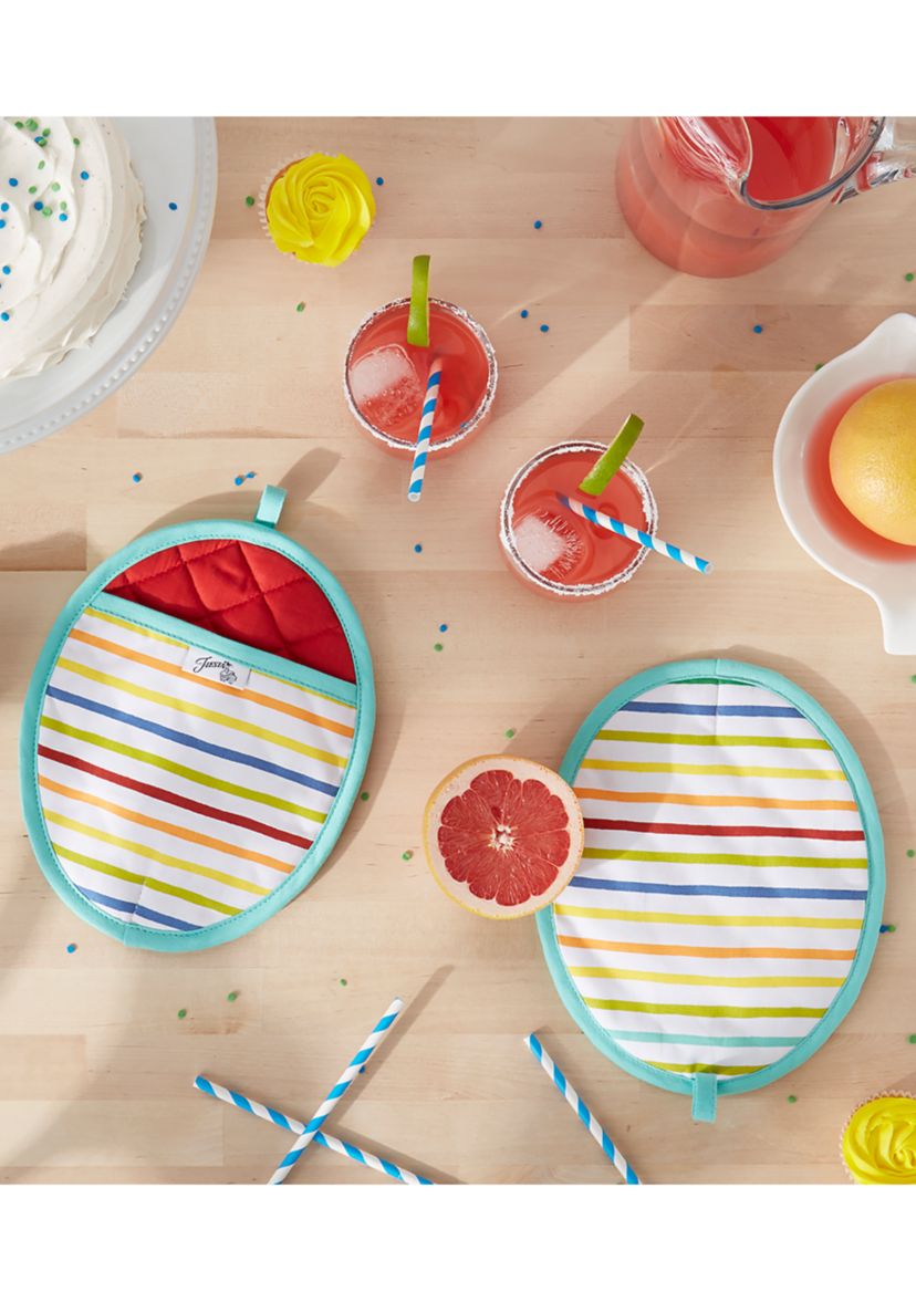 Tropical Stripe Pot Holder 2-Pack Set, Aqua/Yellow/Red, 8"x10" Oval