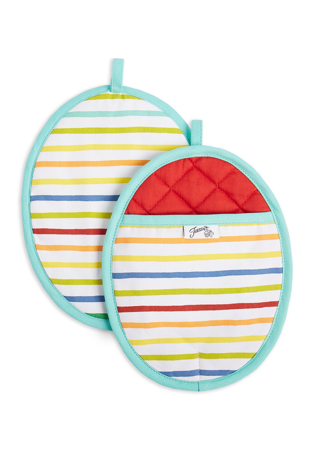 Tropical Stripe Pot Holder 2-Pack Set, Aqua/Yellow/Red, 8"x10" Oval