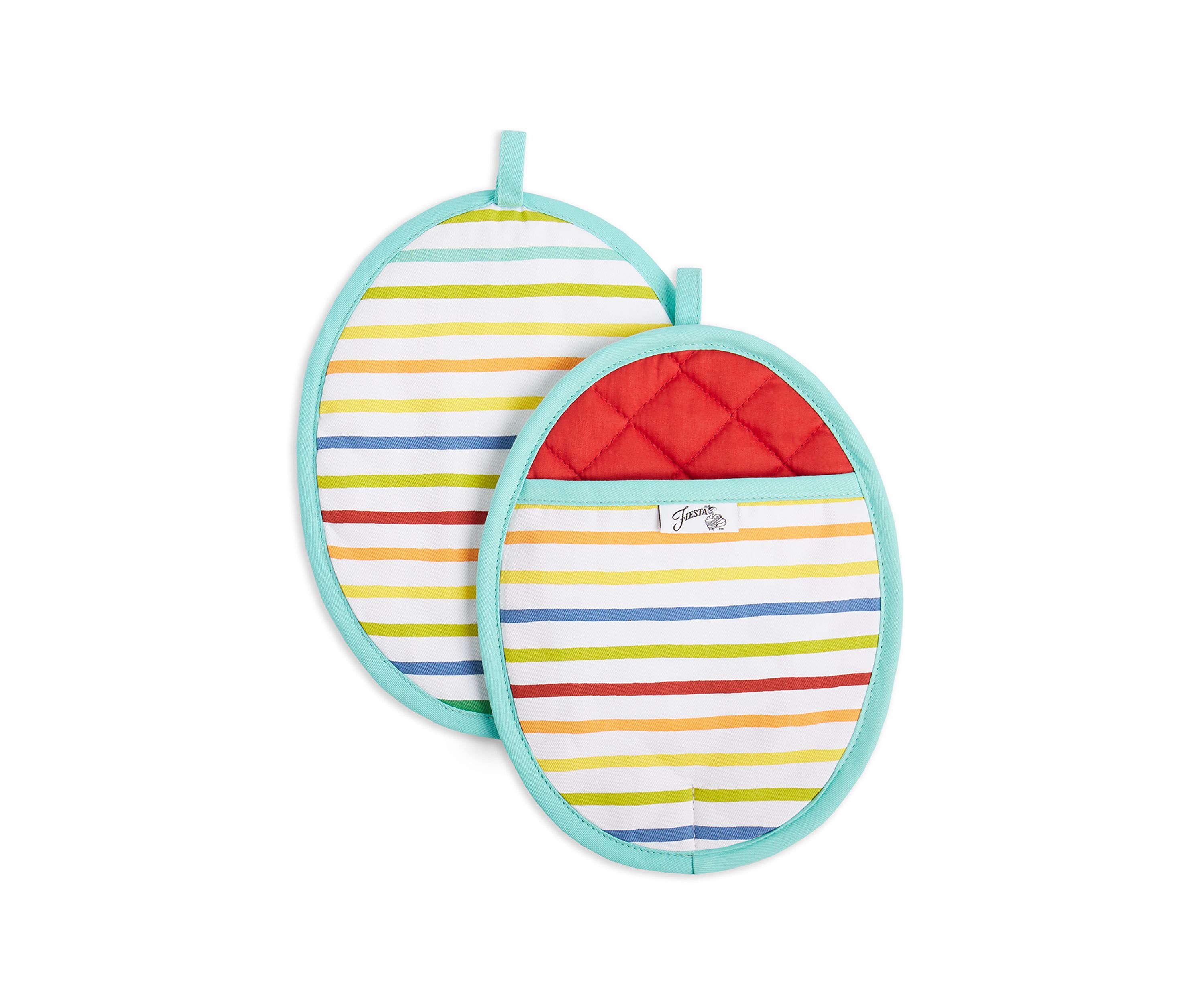 Tropical Stripe Pot Holder 2-Pack Set, Aqua/Yellow/Red, 8"x10" Oval