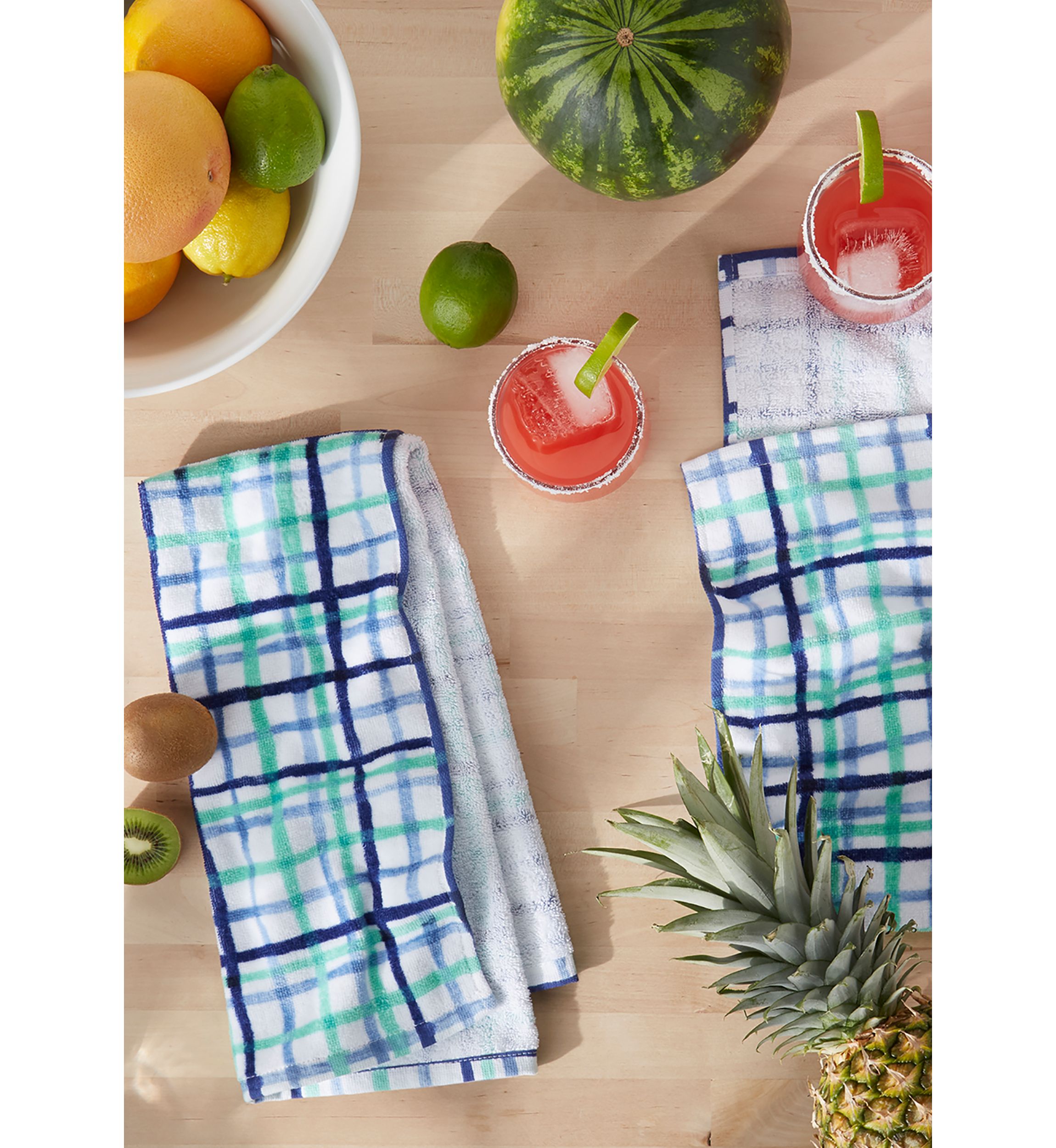 Watercolor Plaid Kitchen Towel 2-Pack Set, Blue/Aqua/White, 16"x28"