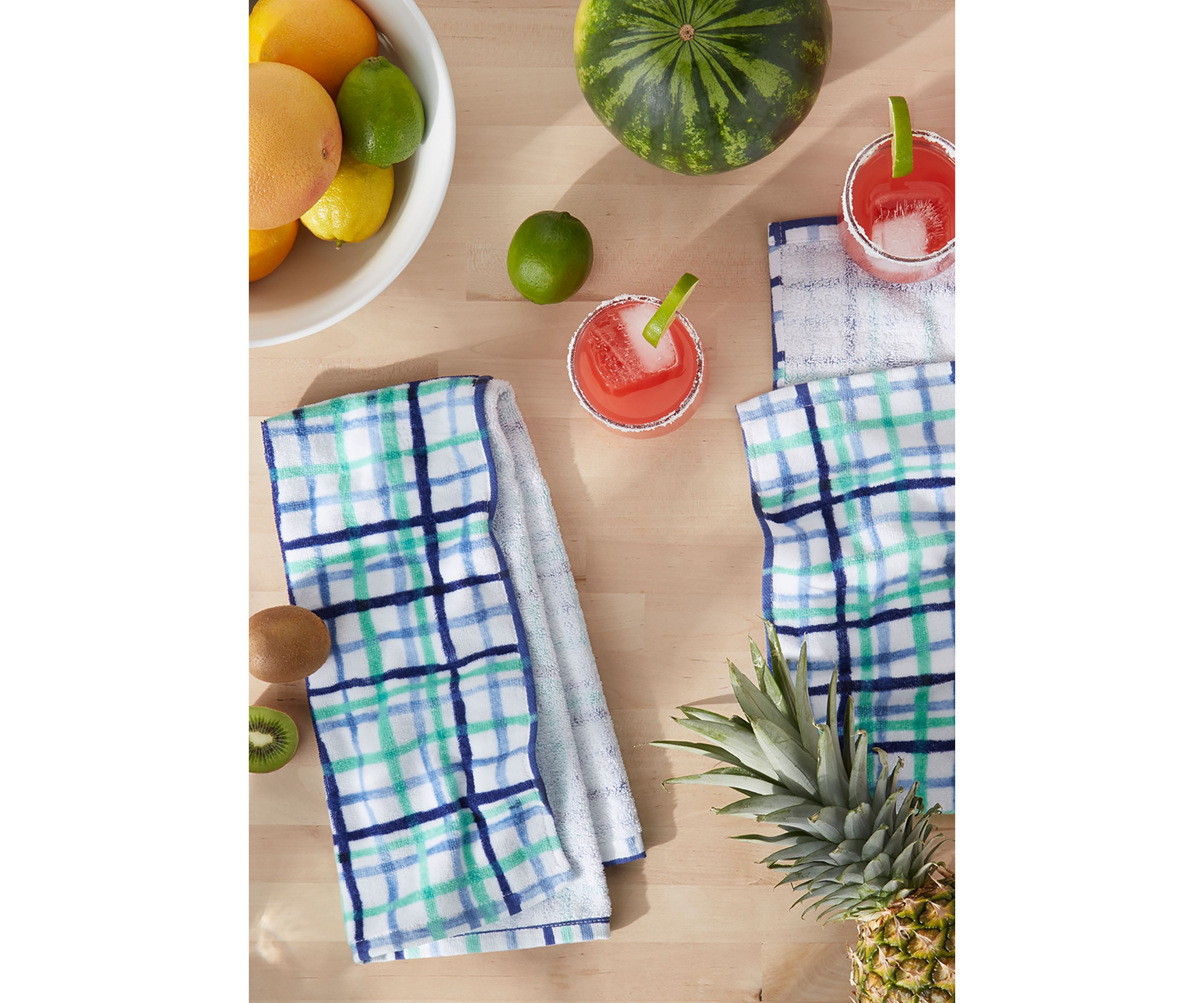 Watercolor Plaid Kitchen Towel 2-Pack Set, Blue/Aqua/White, 16"x28"