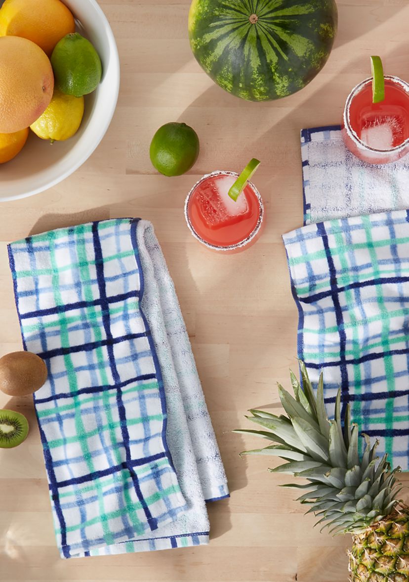 Watercolor Plaid Kitchen Towel 2-Pack Set, Blue/Aqua/White, 16"x28"